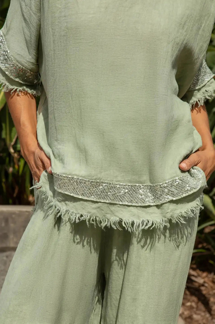 Antonia Linen Short Sleeve Sequinned Top in Mint Tops