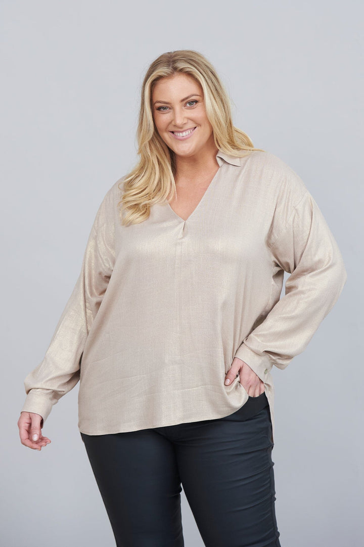 Lynette Collared Long Sleeve Shirt Light Gold Tops