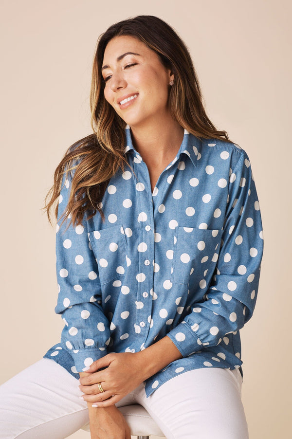 Polka Dots Collared Shirt Navy Tops