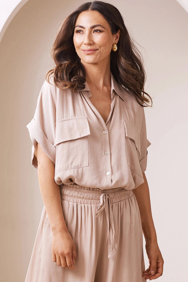 Vittoria Short Sleeve Collared V-Neck Shirt Taupe Tops