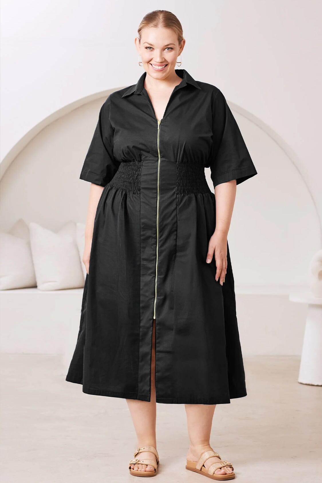 Laura Short Sleeve Smocked Waist Zip Front Midi Dress Black Dress