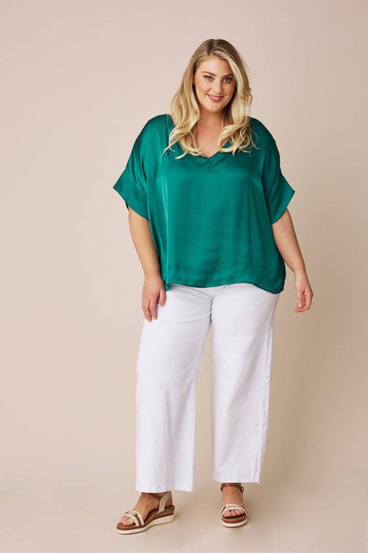 Bianca Short Sleeve Top Emerald with V Neck Tops