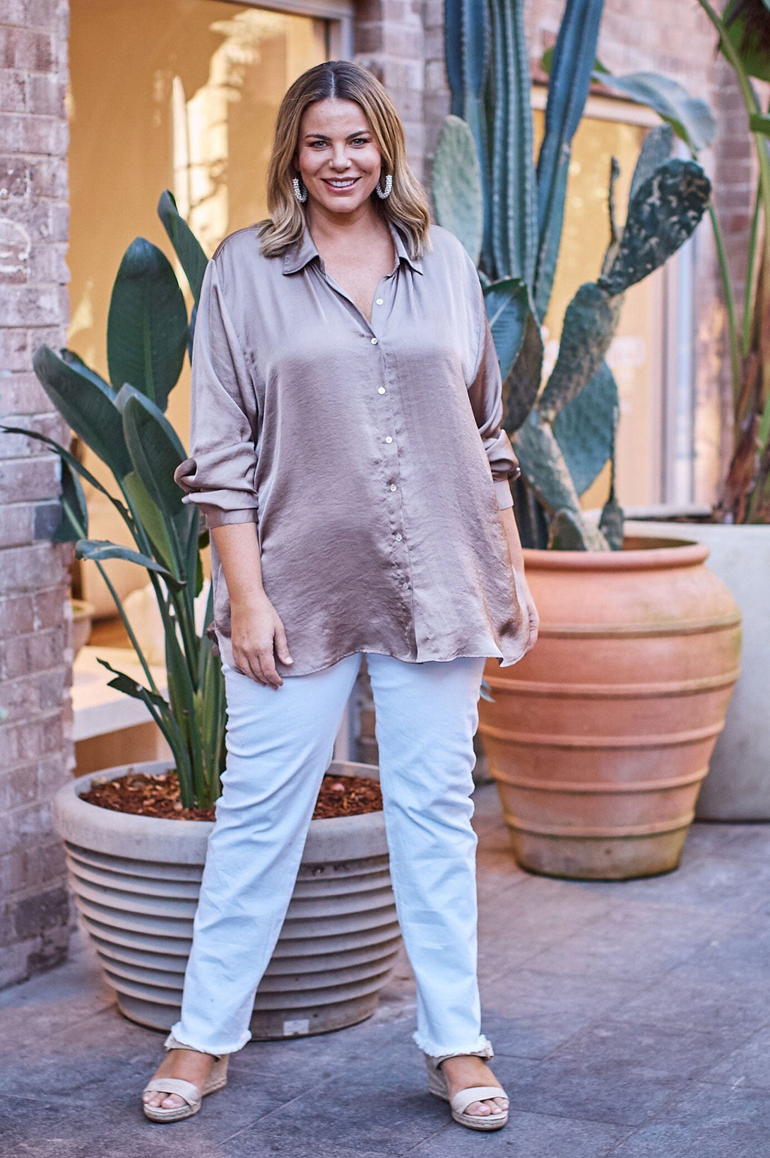 Briella Long Sleeve Collared Shirt Almond- Pre Order Tops