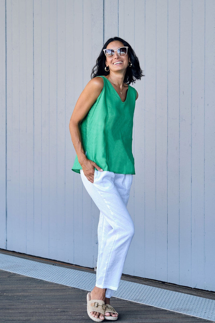 Zoe Linen Sleeveless Top Emerald Tops