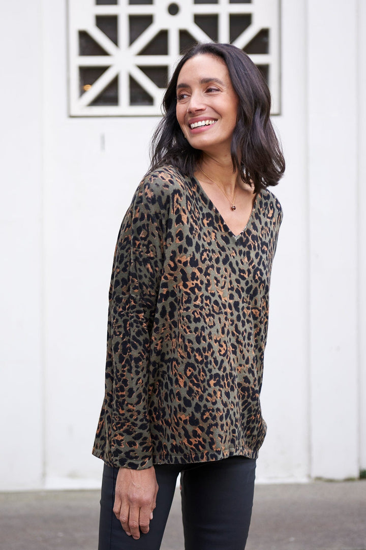 Rana Animal Print Jumper Olive Knitwear