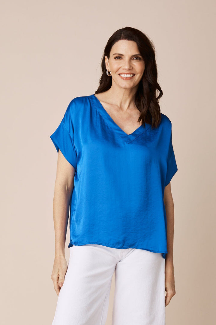 Bianca Short Sleeve Top Cobalt with V Neck Tops