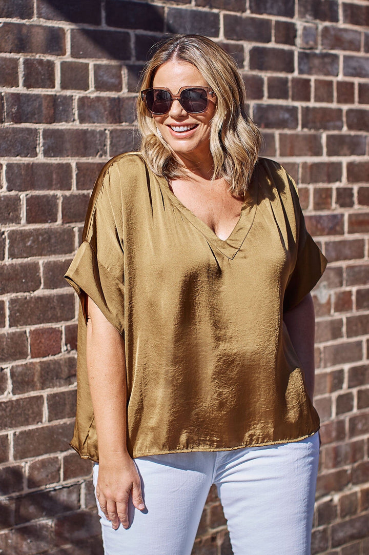 Bianca Short Sleeve Top Khaki with V Neck Tops