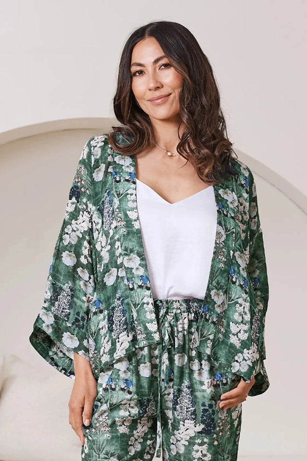 Lissy Floral Print Cropped Kimono Cape Olive Capes