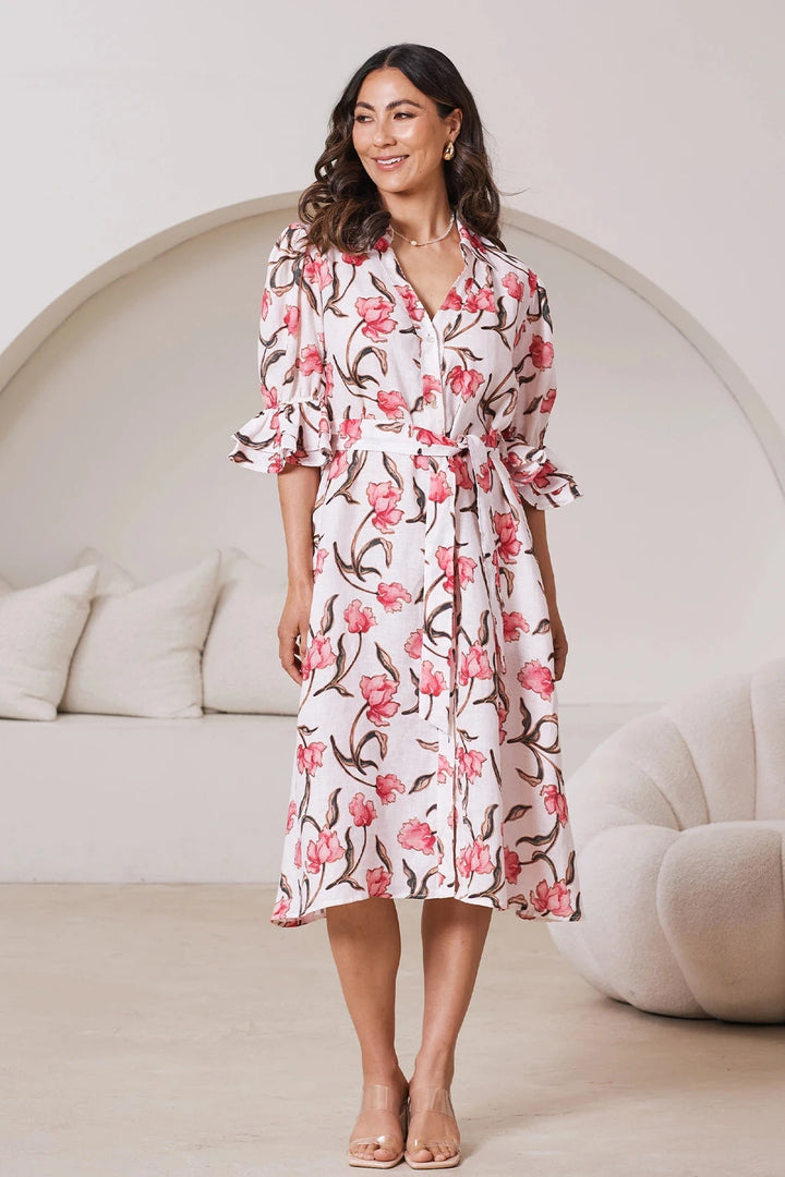 Cristina Floral Mid Sleeve Collared Linen Midi Dress Dress