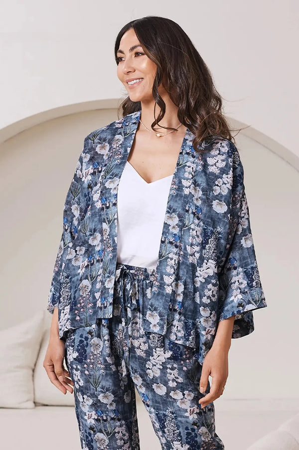 Lissy Floral Print Cropped Kimono Cape Slate Blue Capes