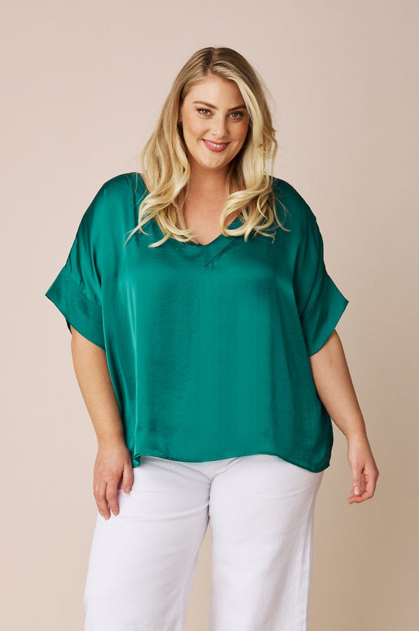 Bianca Short Sleeve Top Emerald with V Neck Tops