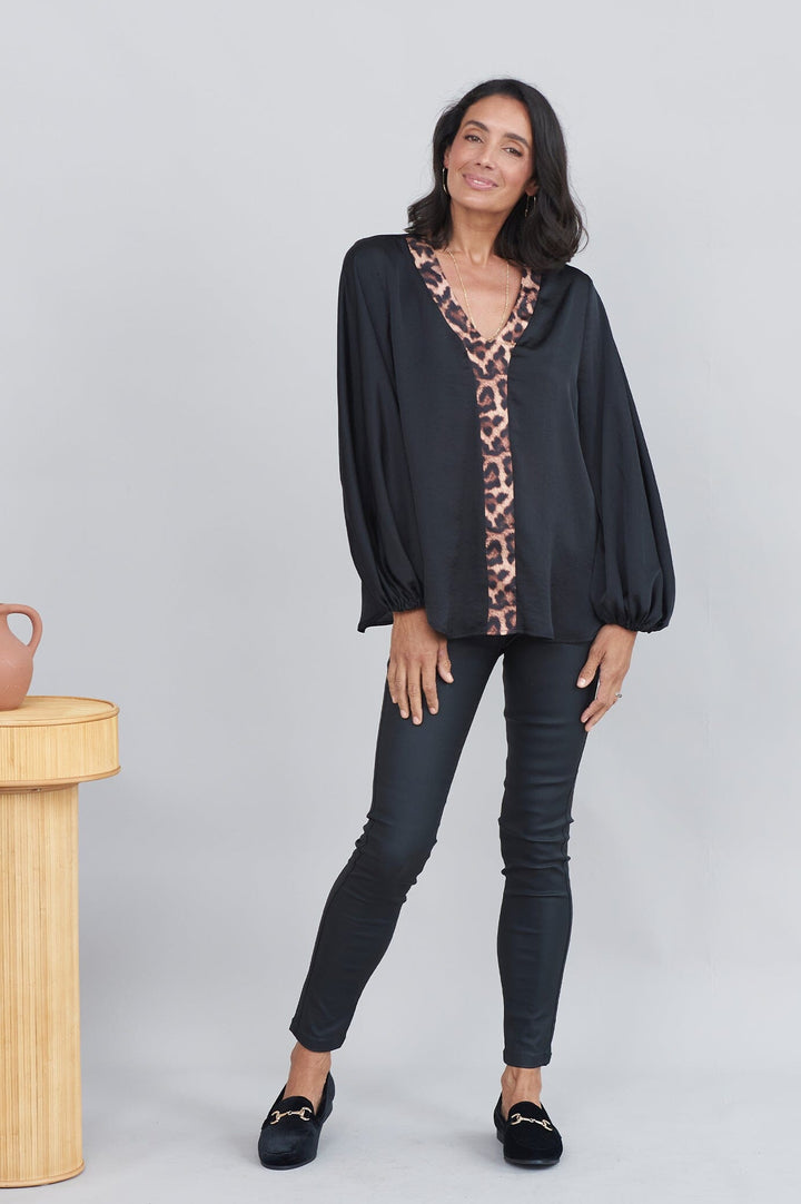 Sovana V-Neck Top Black with Animal Trim Tops