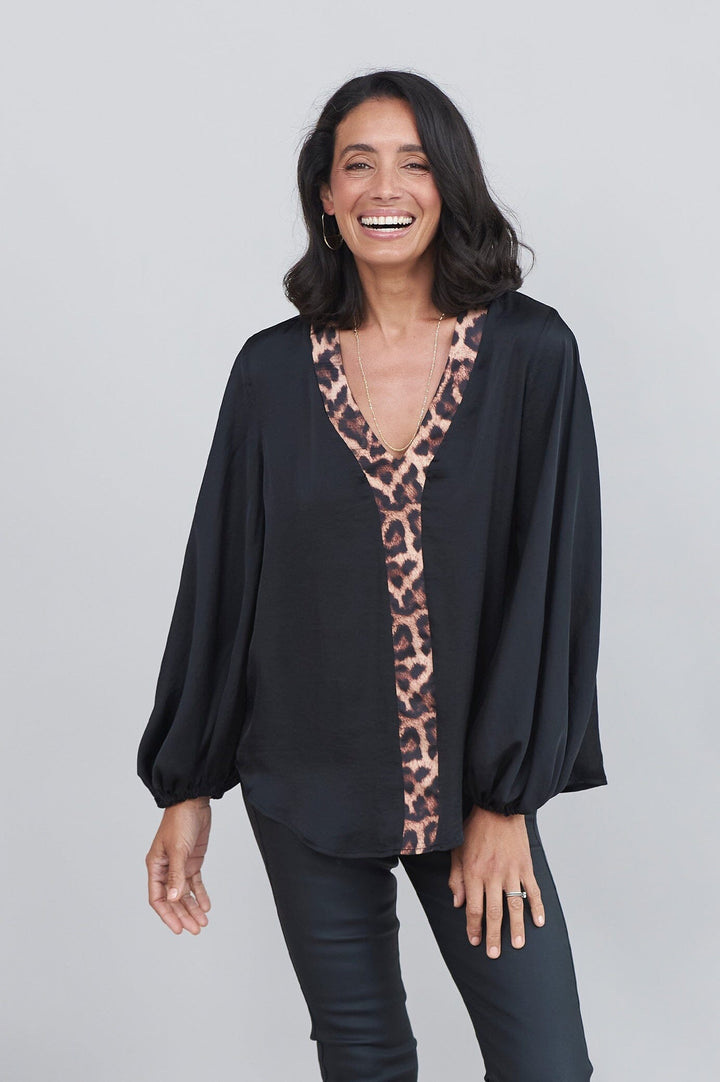 Sovana V-Neck Top Black with Animal Trim Tops