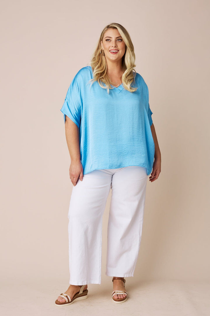 Bianca Short Sleeve Top Ocean Blue with V Neck Tops