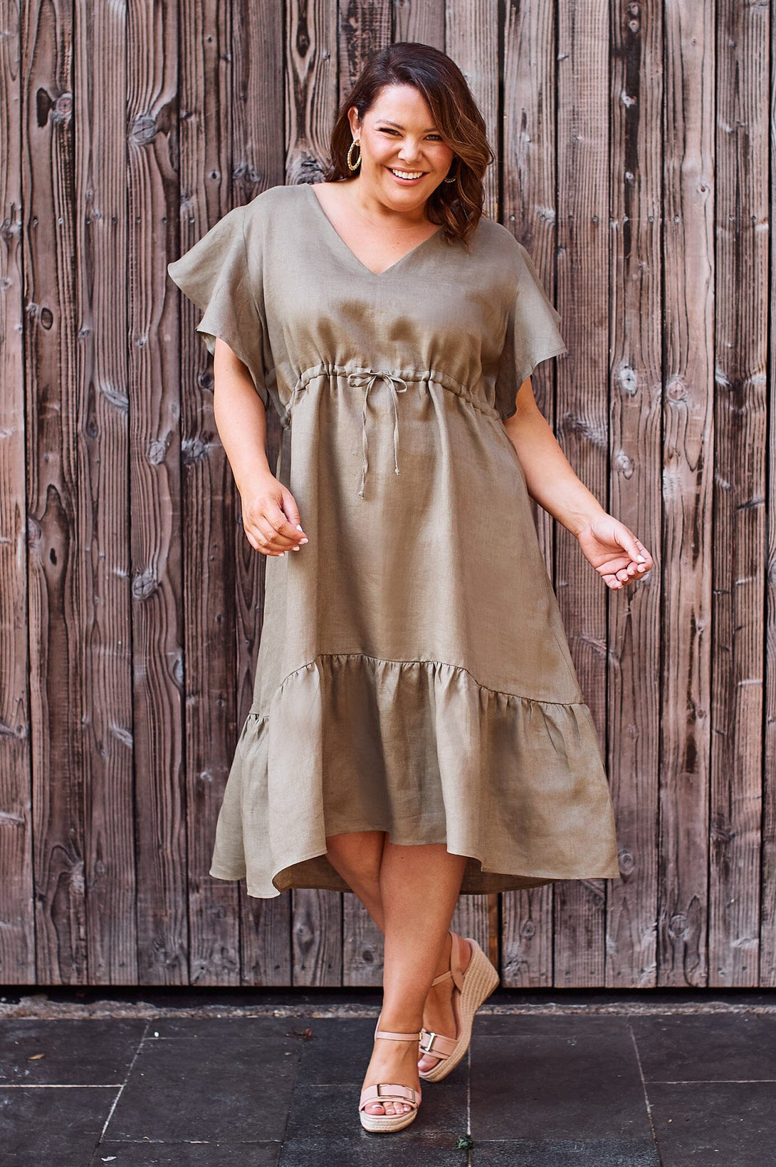 Penny Linen Short Sleeve Dress Olive Dress