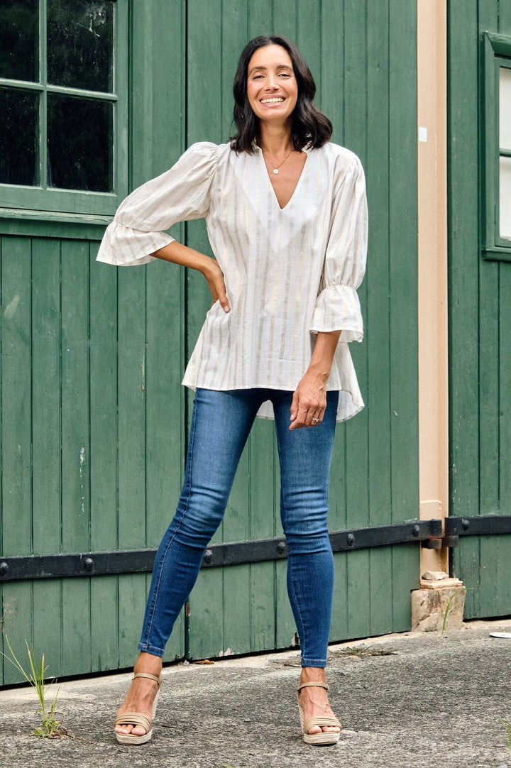 Alessandra Short Sleeve Top Ivory Stripe Tops