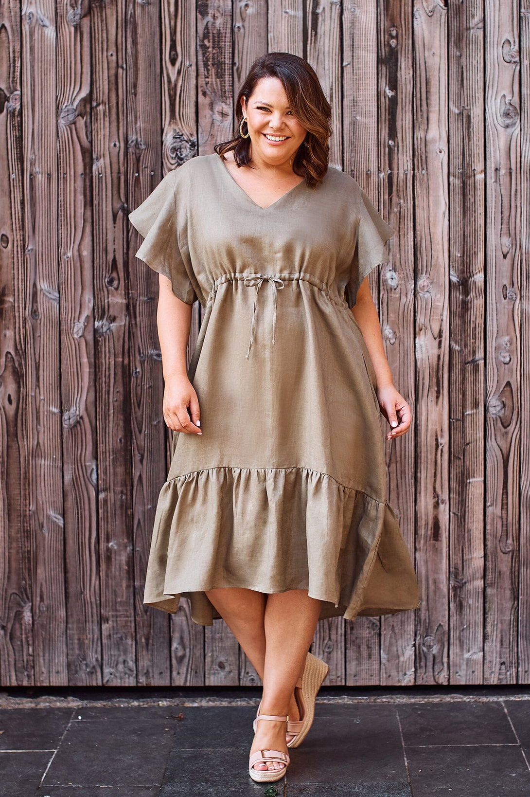 Penny Linen Short Sleeve Dress Olive Dress