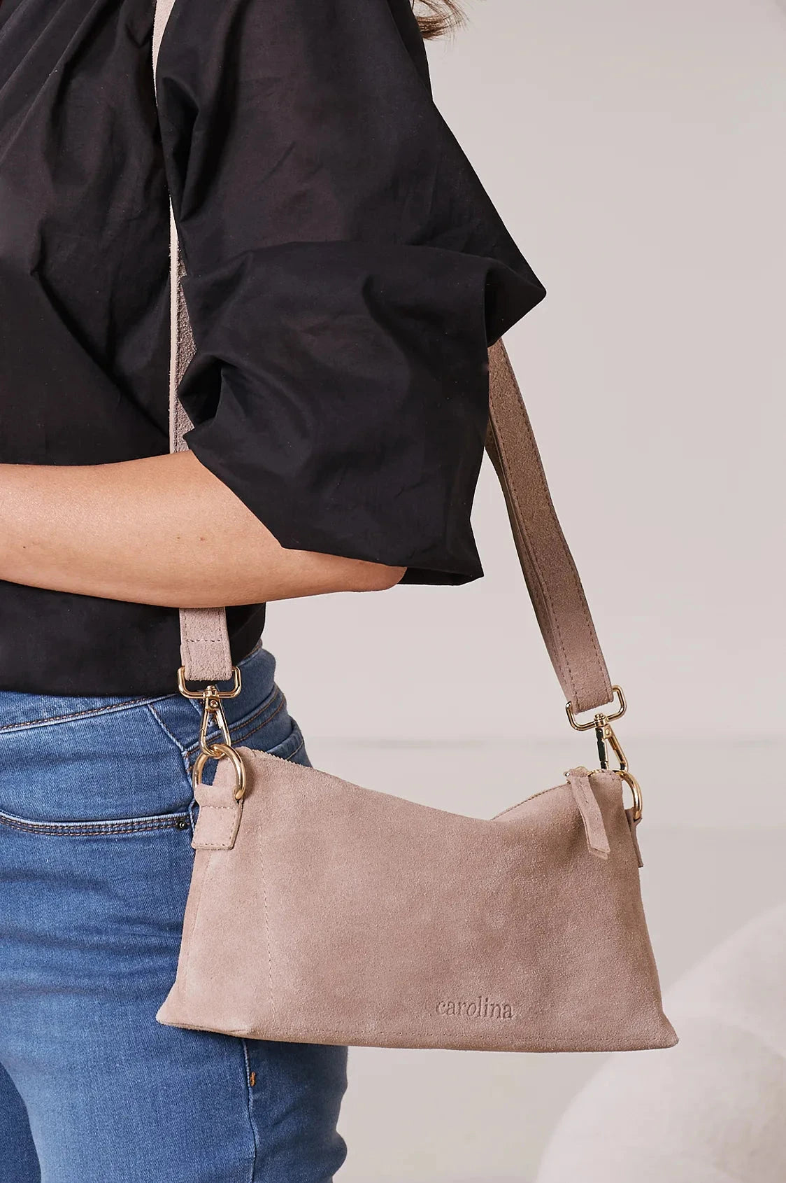 Marisol Suede Leather Shoulder Bag Nude Leather
