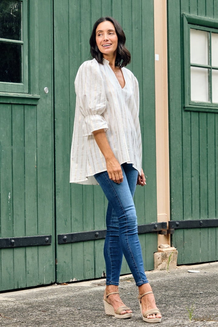 Alessandra Short Sleeve Top Ivory Stripe Tops