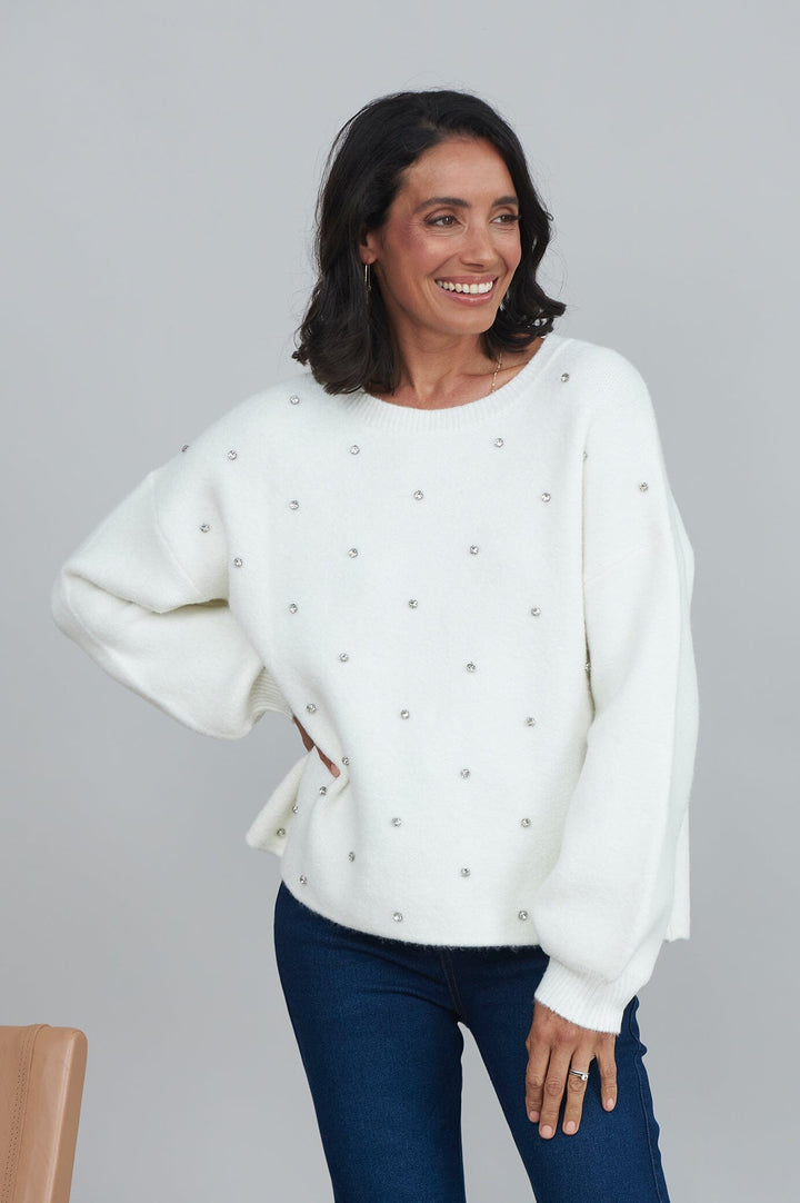 Lenya Diamante Jumper White- Pre Order Knitwear