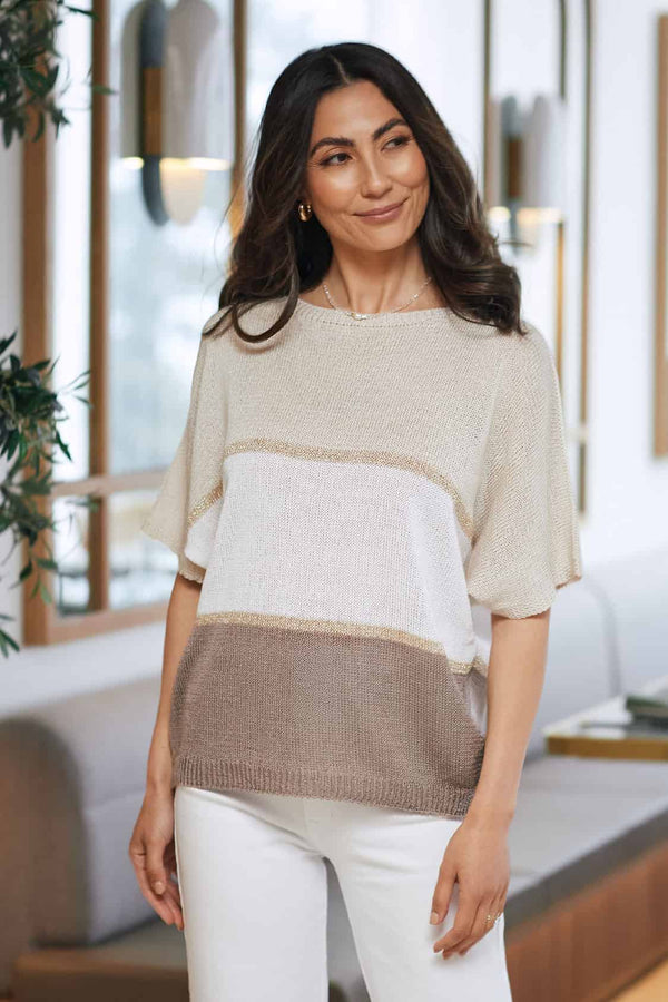 Tamia Knitted Round Neck Short Sleeve Top Beige Tops