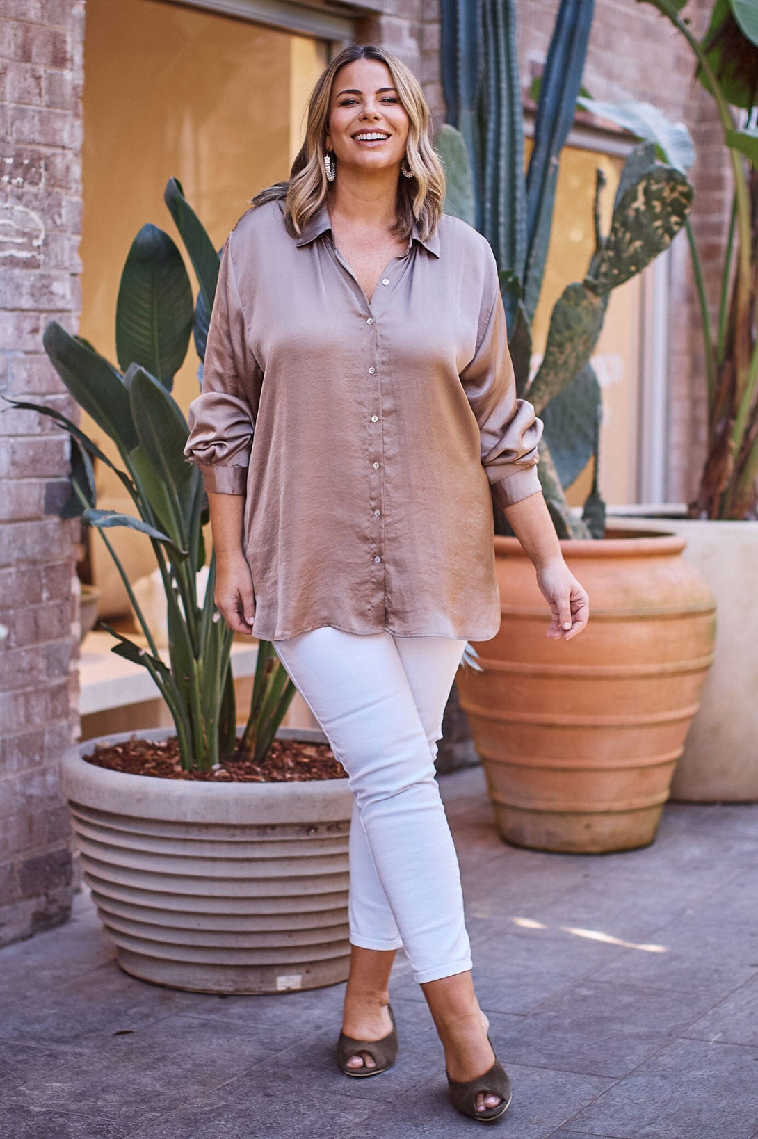 Briella Long Sleeve Collared Shirt Almond- Pre Order Tops