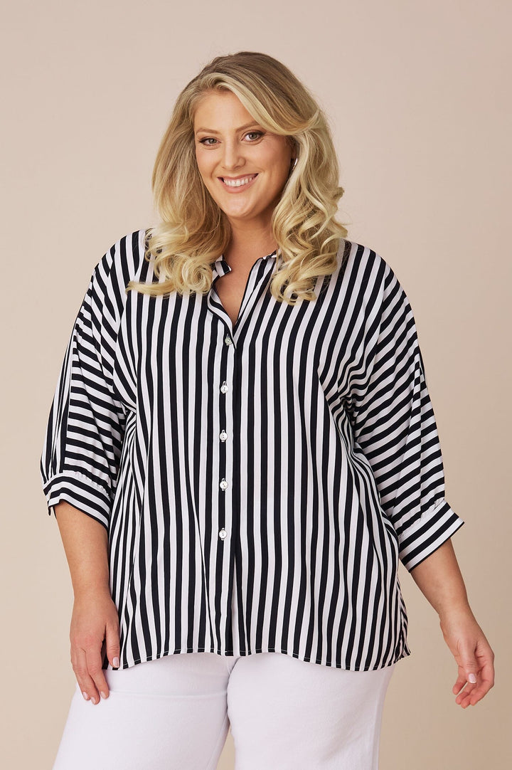 Ellen Collared Mid Sleeve Shirt Striped Navy Tops