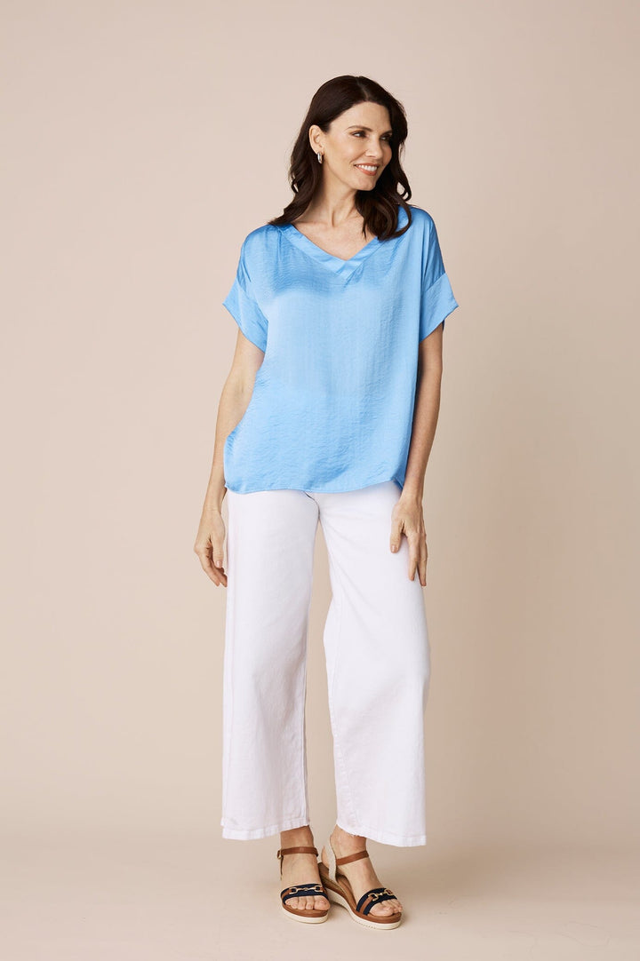 Bianca Short Sleeve Top Ocean Blue with V Neck Tops