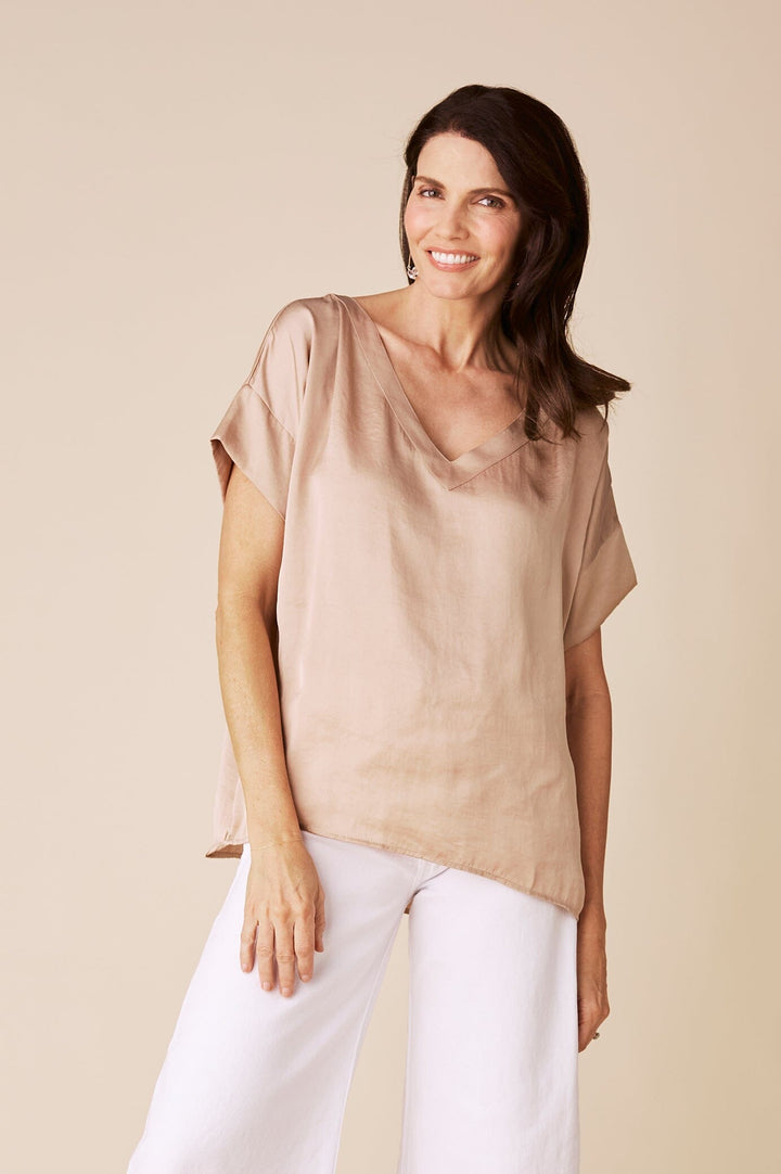 Bianca Short Sleeve Top Espresso with V Neck Tops