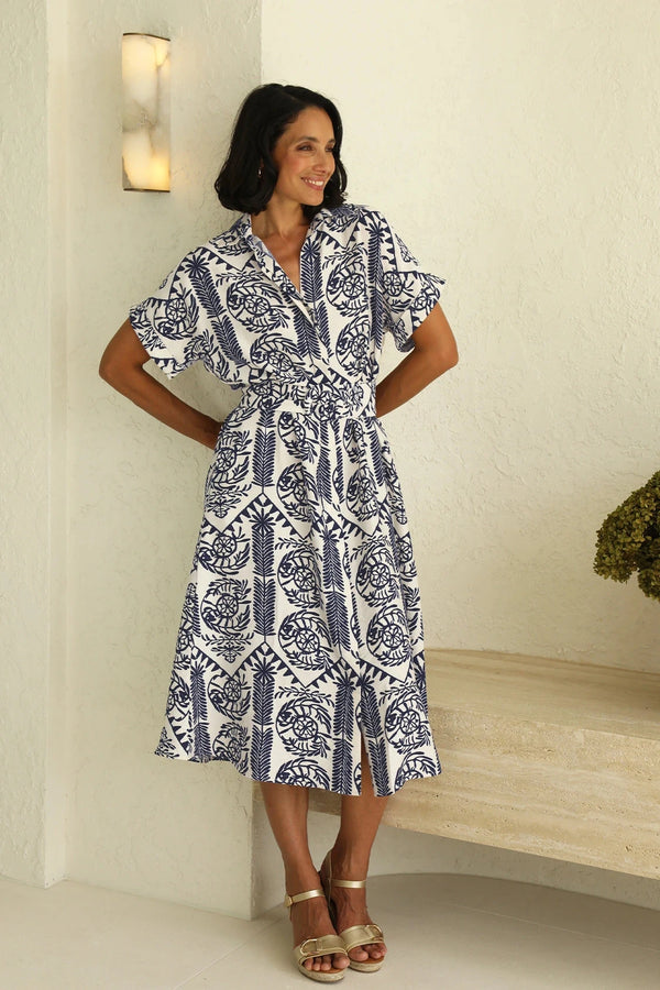 Antonella Collared Short Sleeve Midi Dress Navy Dress