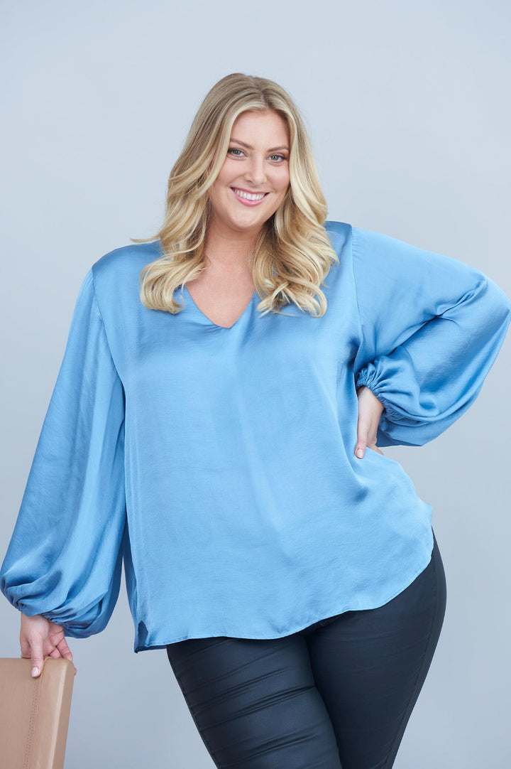 Sovana V-Neck Long Sleeve Top Blue Grey Tops