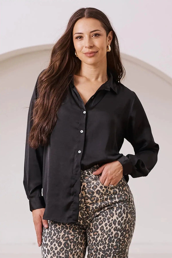 Briella Long Sleeve Collared Shirt Black Tops