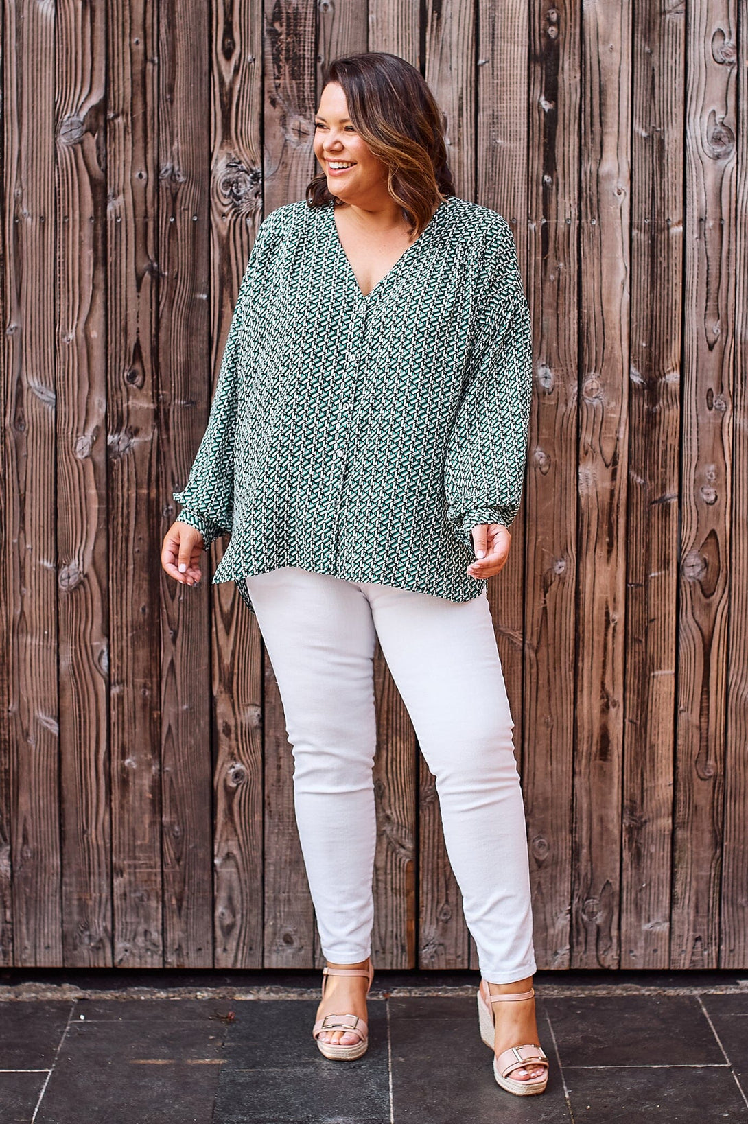 Florence Long Sleeve V-Neck Buttoned Top Tops