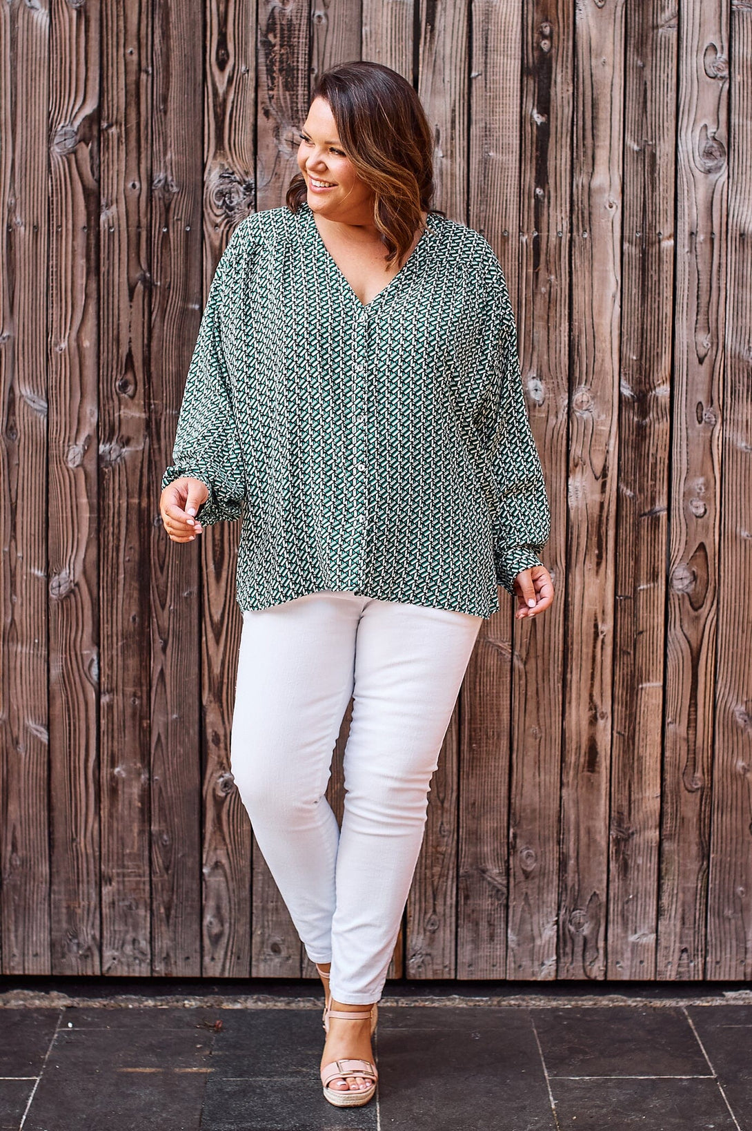 Florence Long Sleeve V-Neck Buttoned Top Tops