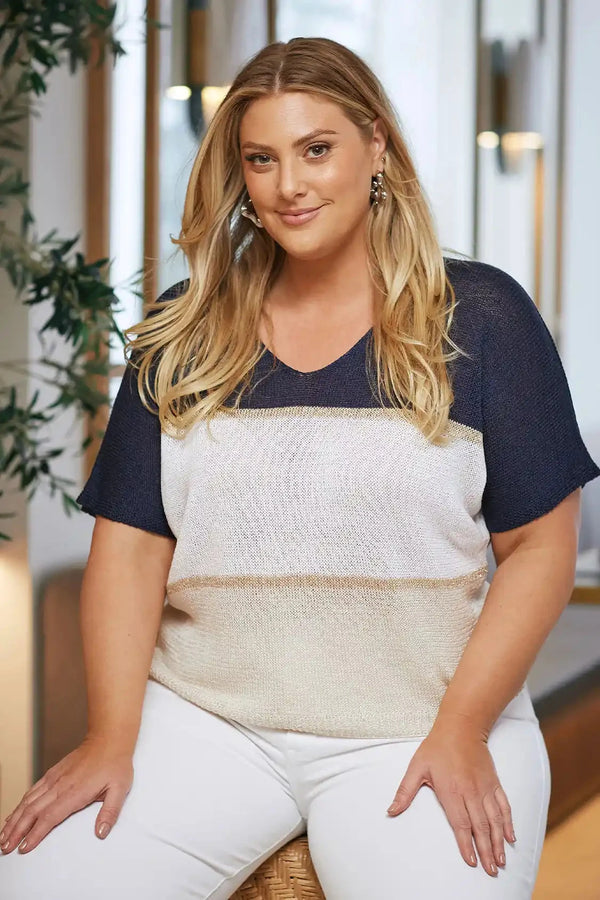 Tamia Knitted V-Neck Short Sleeve Top Navy Tops