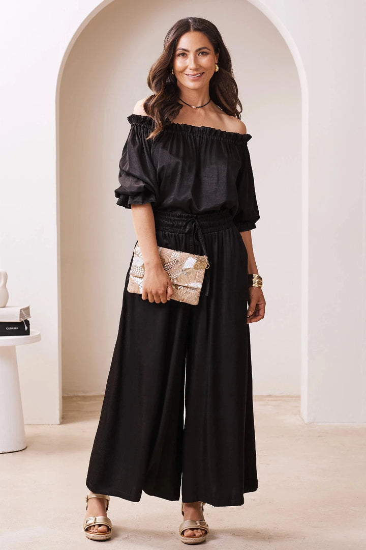 Vittoria Frill Trim Off Shoulder Long Sleeve Top Black Tops