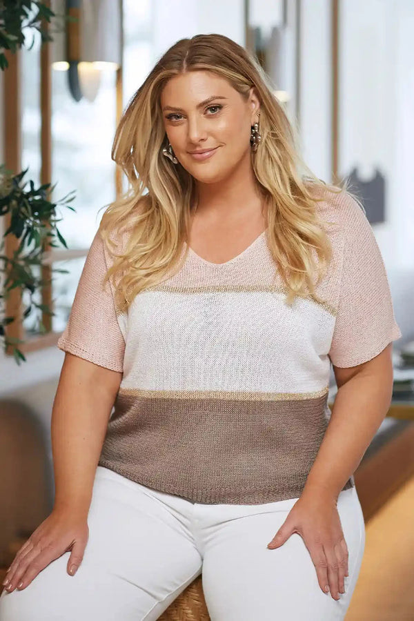 Tamia Knitted V-Neck Short Sleeve Top Blush Tops