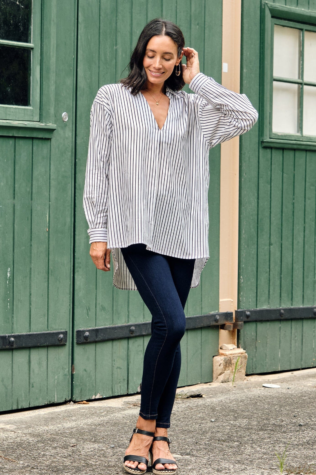 Lynette Collared Long Sleeve Shirt Striped Black with Lurex Tops