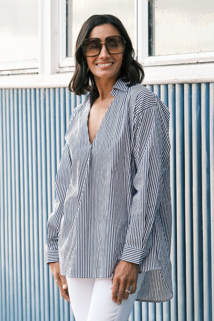 Lynette Collared Long Sleeve Shirt Striped Navy Tops