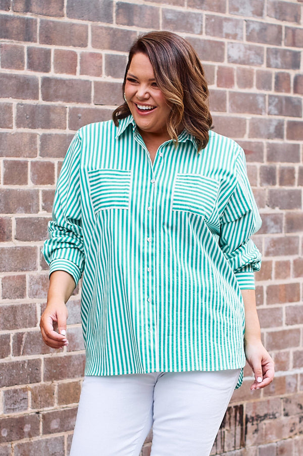 Gina Long Sleeve Collared Shirt Striped Emerald Tops