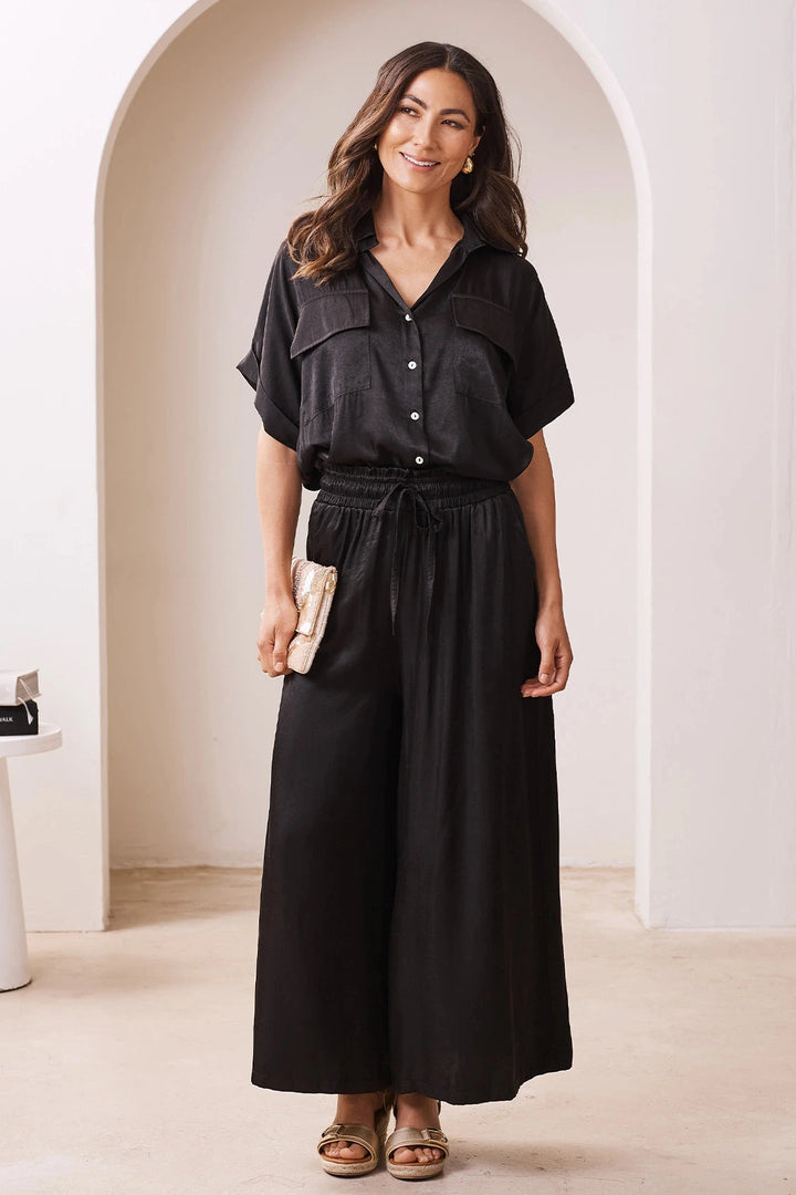 Vittoria Short Sleeve Collared V-Neck Shirt Black Tops