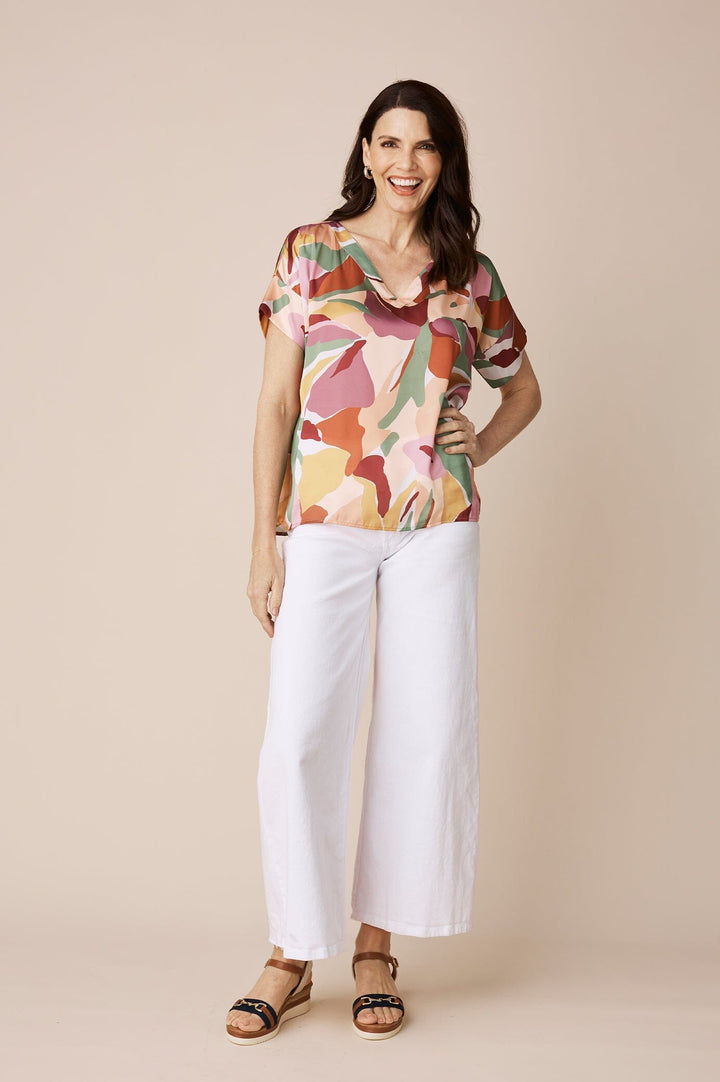 Bianca Short Sleeve Top Delia Print with V Neck Tops