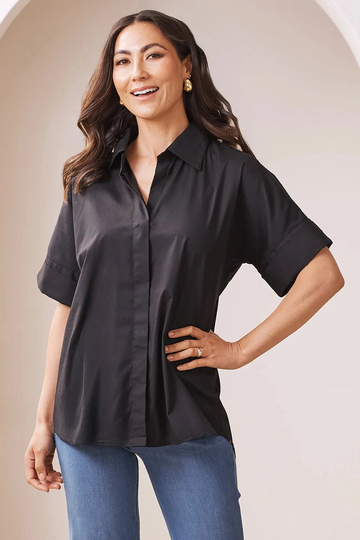Tia Short Sleeve Cotton Top in Black Tops