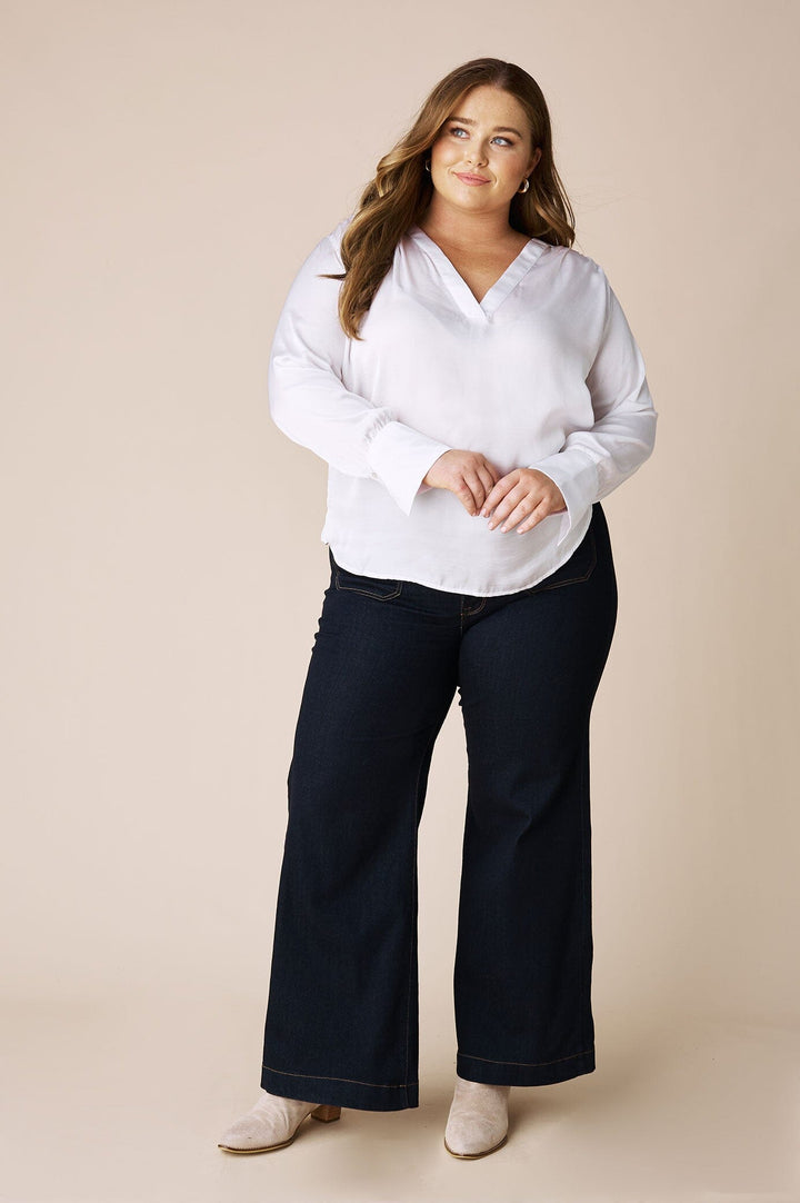 Daniella V-Neck Long Sleeve Top White Tops