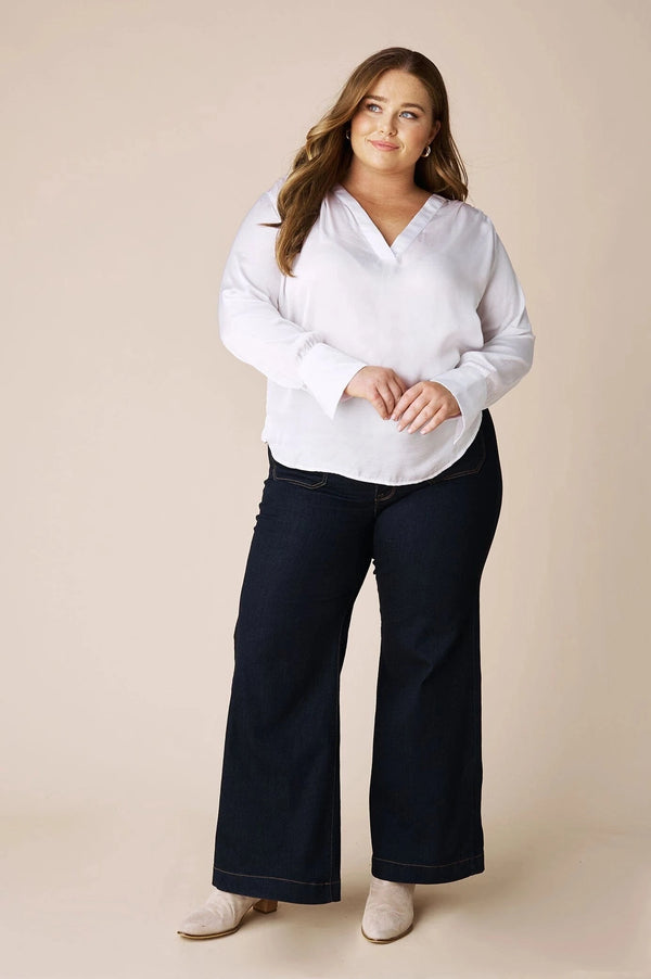 Daniella V-Neck Long Sleeve Top White Tops