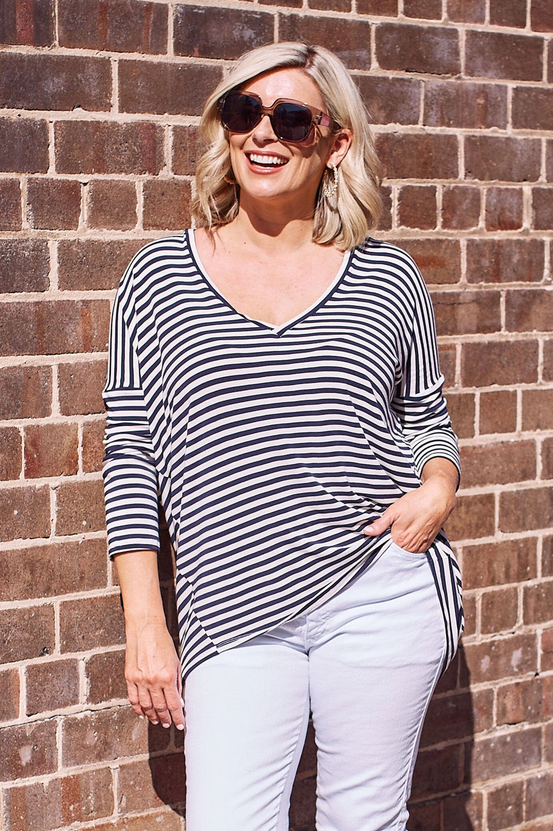 Erica Essential Long Sleeve Top Striped Navy Tops