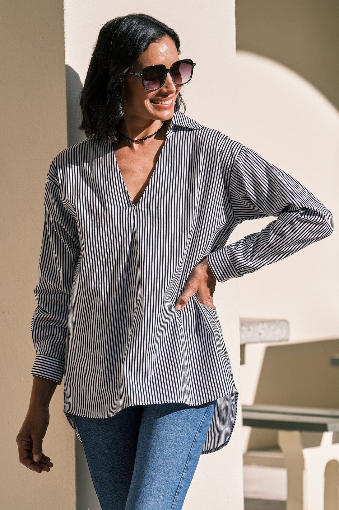 Lynette Collared Long Sleeve Shirt Striped Black Tops