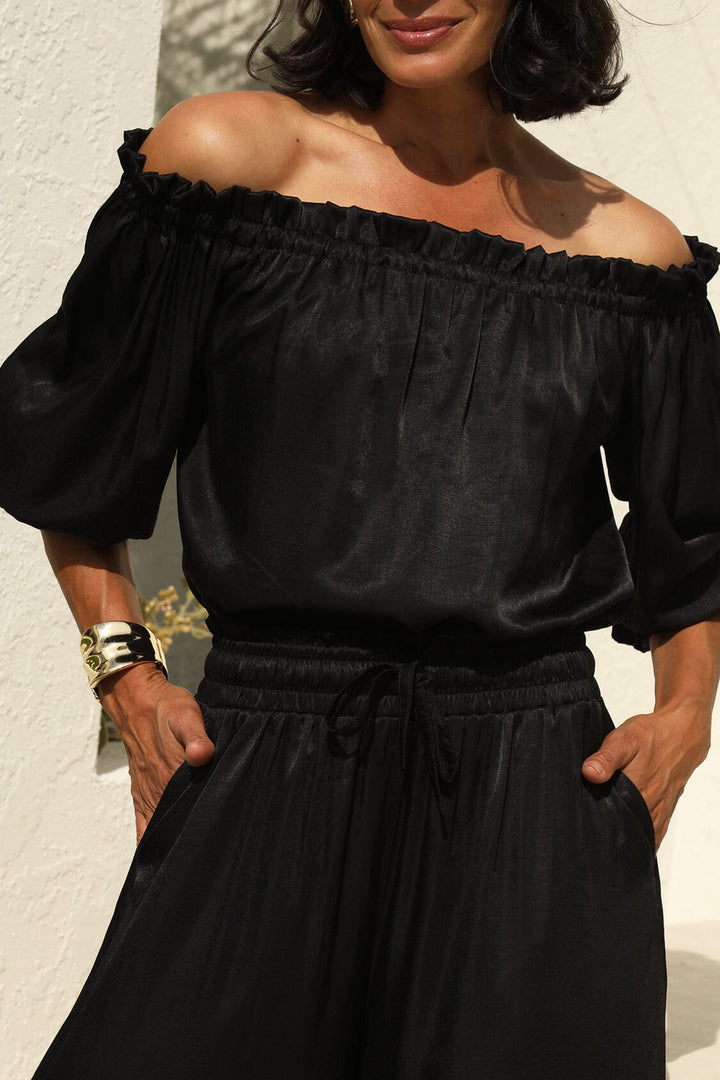 Vittoria Frill Trim Off Shoulder Long Sleeve Top Black Tops