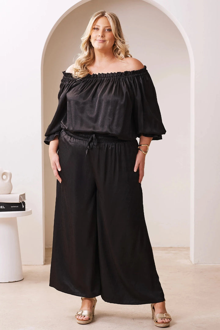 Vittoria Frill Trim Off Shoulder Long Sleeve Top Black Tops