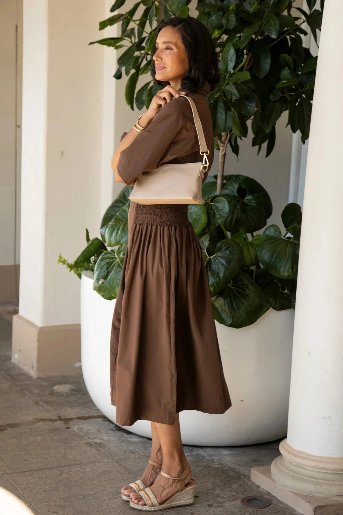 Laura Short Sleeve Smocked Waist Zip Front Midi Dress Brown Dress